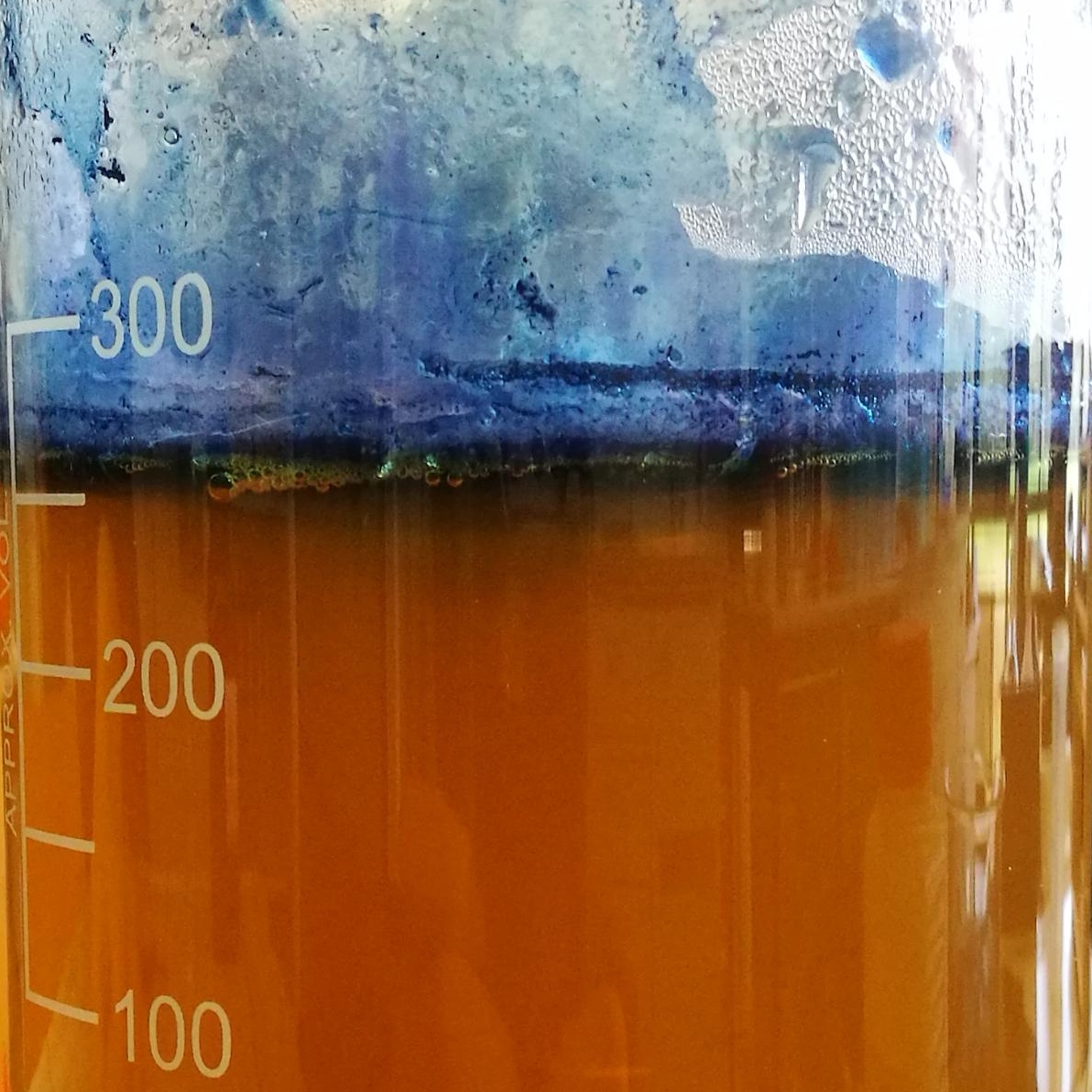 Bild aus dem Chemischen Fotokalender: Glas mit orangebrauner Flüssigkeit und hellblauem Schaum