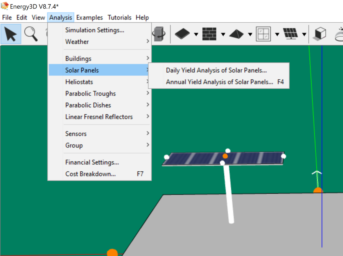 Screenshot: Dropdown-Menü, das die Auswahlanalyse für die Solarmodulanordnung in der Energy3D-Software zeigt.