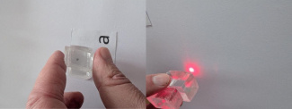 Legt man die „richtigen“ Flächen des Kristalls aufeinander, sieht man nur ein Bild und einen Laserstrahl.