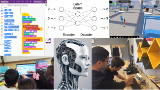 A collage of photos and screenshots from classroom projects involving AI