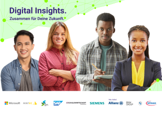 Banner für das Angebot "Digital Insights" mit vier Personen und Logos der Partner-Unternehmen